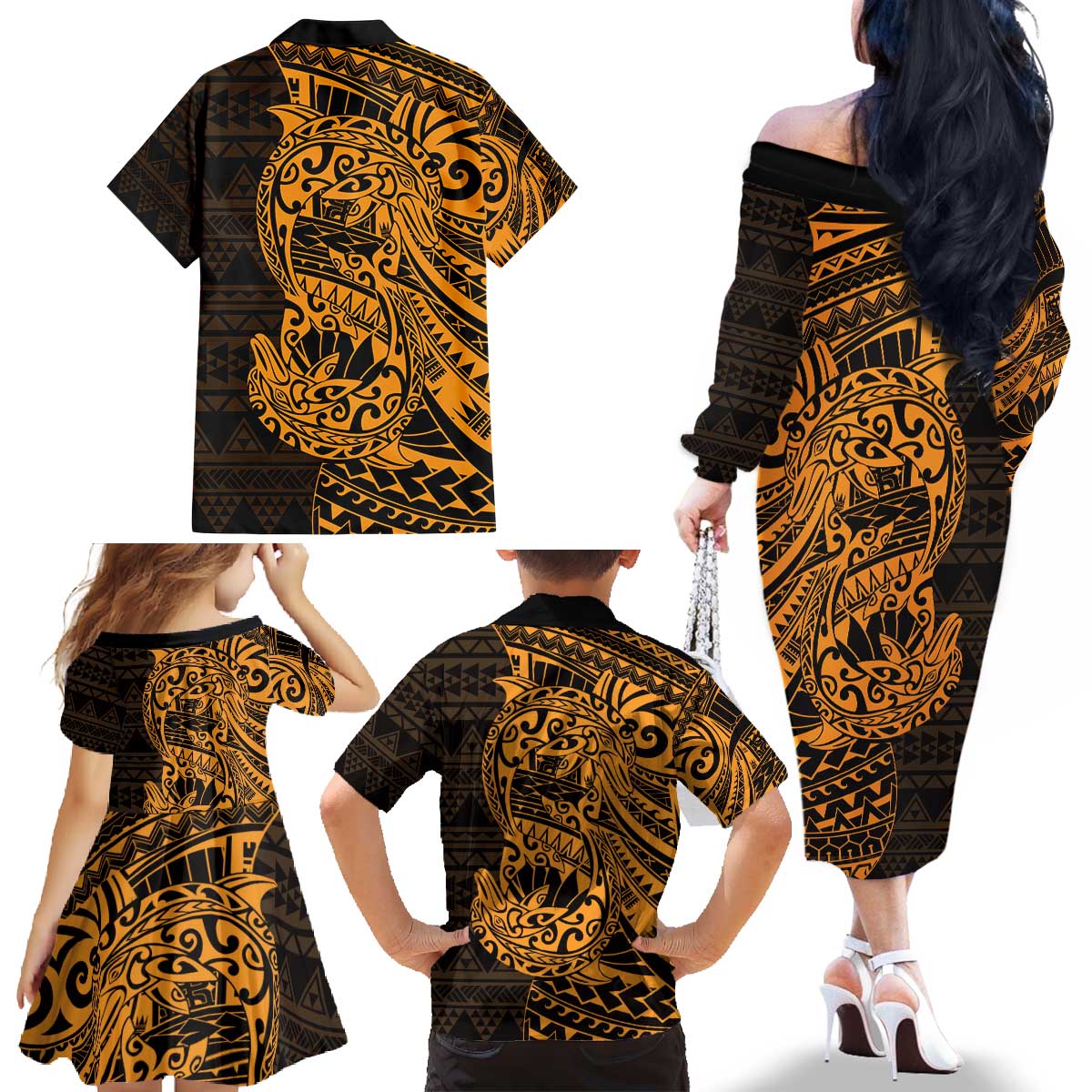 Gold Couple Dolphins Maori Polynesian Style Family Matching Off The Shoulder Long Sleeve Dress and Hawaiian Shirt LT9 - Polynesian Pride
