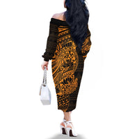 Gold Couple Dolphins Maori Polynesian Style Family Matching Off The Shoulder Long Sleeve Dress and Hawaiian Shirt LT9 - Polynesian Pride