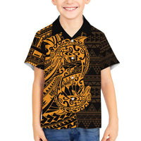 Gold Couple Dolphins Maori Polynesian Style Family Matching Off The Shoulder Long Sleeve Dress and Hawaiian Shirt LT9 Son's Shirt Gold - Polynesian Pride