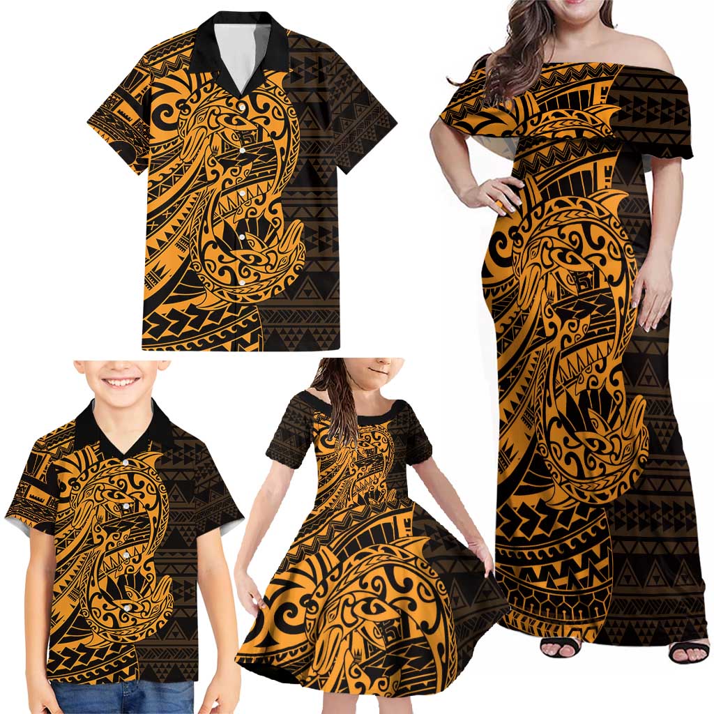 Gold Couple Dolphins Maori Polynesian Style Family Matching Off Shoulder Maxi Dress and Hawaiian Shirt LT9 - Polynesian Pride