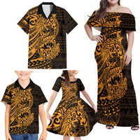 Gold Couple Dolphins Maori Polynesian Style Family Matching Off Shoulder Maxi Dress and Hawaiian Shirt LT9 - Polynesian Pride