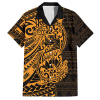 Gold Couple Dolphins Maori Polynesian Style Family Matching Off Shoulder Maxi Dress and Hawaiian Shirt LT9 Dad's Shirt - Short Sleeve Gold - Polynesian Pride