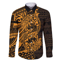 Gold Couple Dolphins Maori Polynesian Style Family Matching Off Shoulder Maxi Dress and Hawaiian Shirt LT9 Dad's Shirt - Long Sleeve Gold - Polynesian Pride