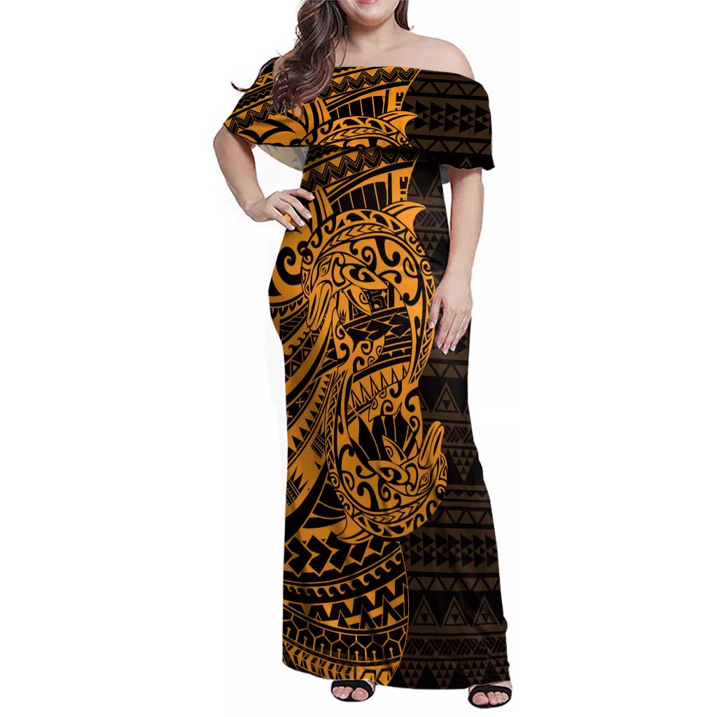 Gold Couple Dolphins Maori Polynesian Style Family Matching Off Shoulder Maxi Dress and Hawaiian Shirt LT9 Mom's Dress Gold - Polynesian Pride