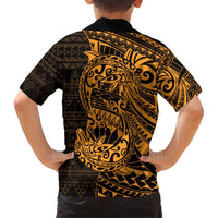 Gold Couple Dolphins Maori Polynesian Style Family Matching Off Shoulder Short Dress and Hawaiian Shirt LT9 - Polynesian Pride