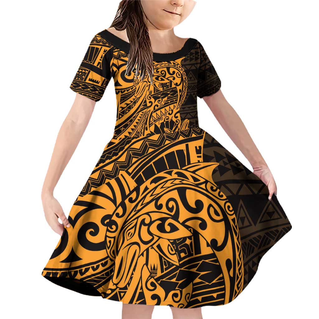 Gold Couple Dolphins Maori Polynesian Style Family Matching Off Shoulder Short Dress and Hawaiian Shirt LT9 Daughter's Dress Gold - Polynesian Pride