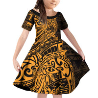Gold Couple Dolphins Maori Polynesian Style Family Matching Off Shoulder Short Dress and Hawaiian Shirt LT9 Daughter's Dress Gold - Polynesian Pride