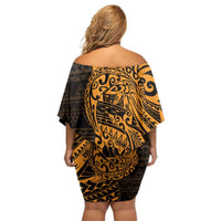 Gold Couple Dolphins Maori Polynesian Style Family Matching Off Shoulder Short Dress and Hawaiian Shirt LT9 - Polynesian Pride