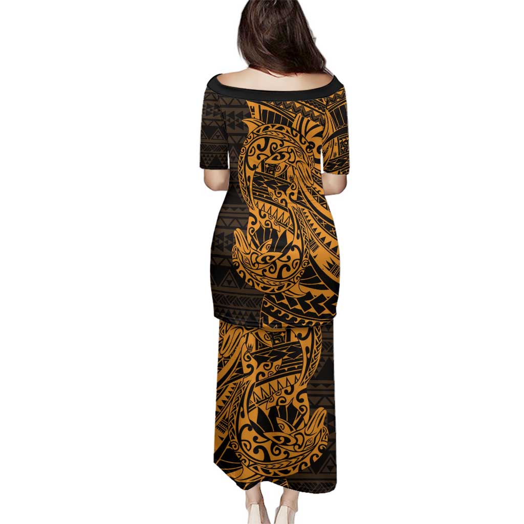 Gold Couple Dolphins Maori Polynesian Style Family Matching Puletasi and Hawaiian Shirt LT9 - Polynesian Pride