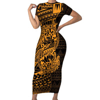 Gold Couple Dolphins Maori Polynesian Style Family Matching Short Sleeve Bodycon Dress and Hawaiian Shirt LT9 Mom's Dress Gold - Polynesian Pride