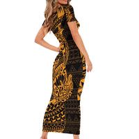 Gold Couple Dolphins Maori Polynesian Style Family Matching Short Sleeve Bodycon Dress and Hawaiian Shirt LT9 - Polynesian Pride