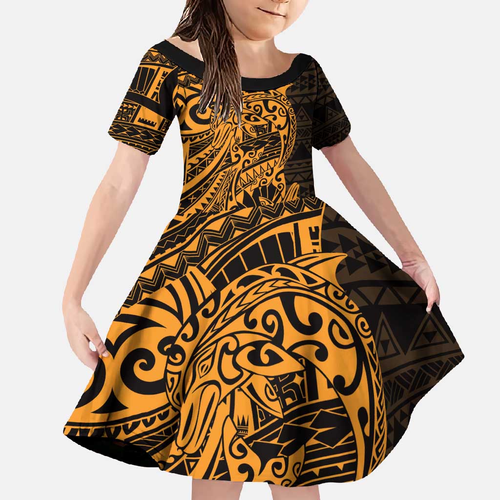 Gold Couple Dolphins Maori Polynesian Style Family Matching Summer Maxi Dress and Hawaiian Shirt LT9 Daughter's Dress Gold - Polynesian Pride
