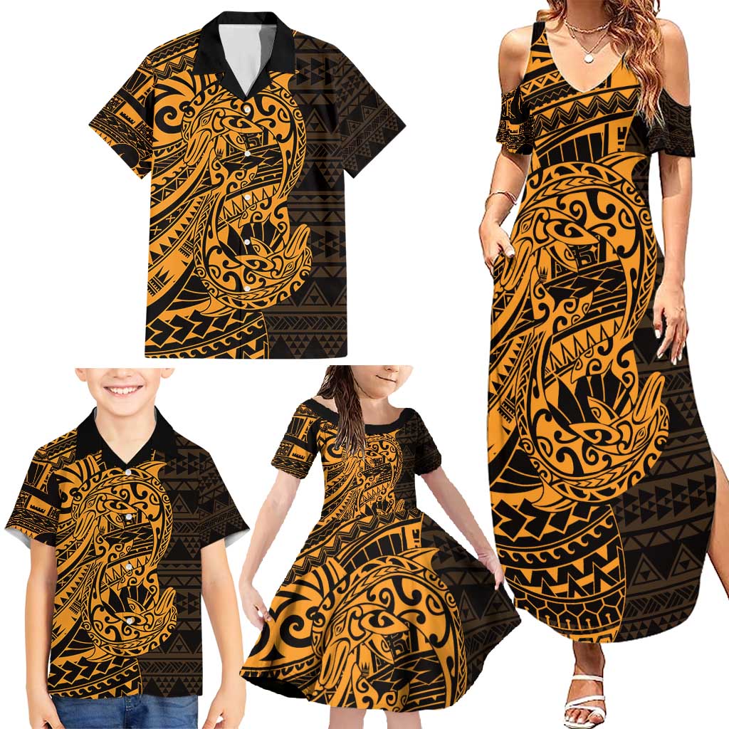 Gold Couple Dolphins Maori Polynesian Style Family Matching Summer Maxi Dress and Hawaiian Shirt LT9 - Polynesian Pride