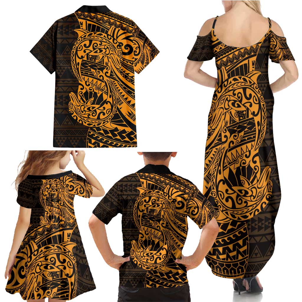 Gold Couple Dolphins Maori Polynesian Style Family Matching Summer Maxi Dress and Hawaiian Shirt LT9 - Polynesian Pride