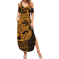 Gold Couple Dolphins Maori Polynesian Style Family Matching Summer Maxi Dress and Hawaiian Shirt LT9 Mom's Dress Gold - Polynesian Pride