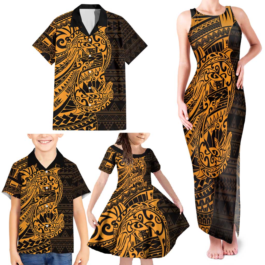 Gold Couple Dolphins Maori Polynesian Style Family Matching Tank Maxi Dress and Hawaiian Shirt LT9 - Polynesian Pride