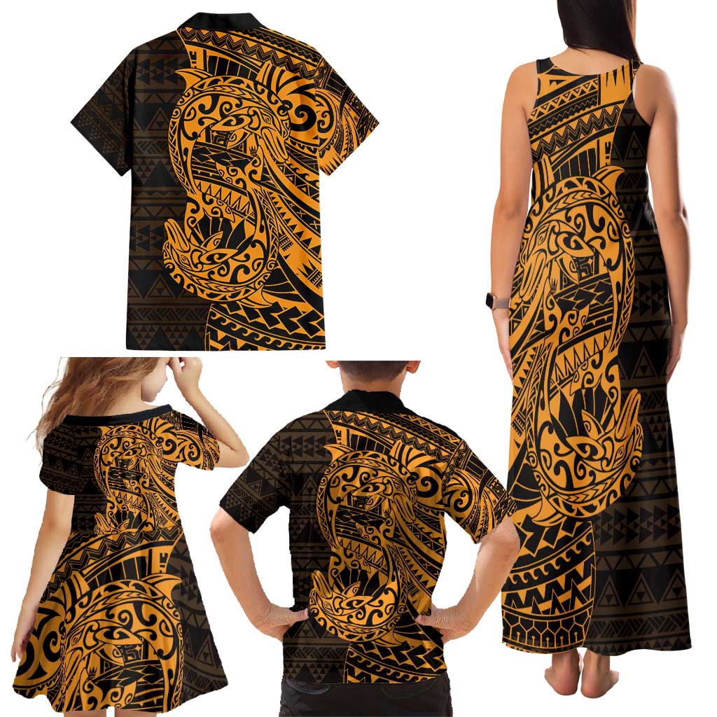 Gold Couple Dolphins Maori Polynesian Style Family Matching Tank Maxi Dress and Hawaiian Shirt LT9 - Polynesian Pride