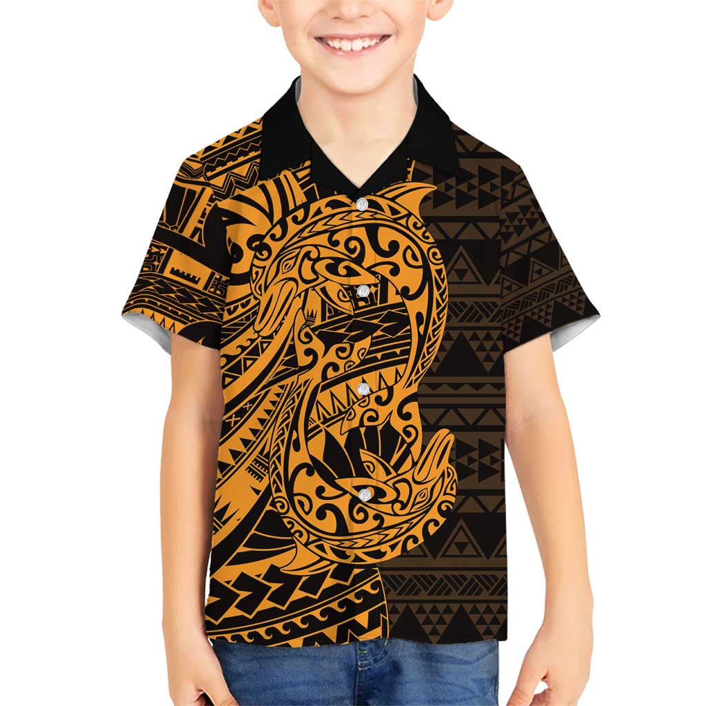 Gold Couple Dolphins Maori Polynesian Style Family Matching Tank Maxi Dress and Hawaiian Shirt LT9 Son's Shirt Gold - Polynesian Pride