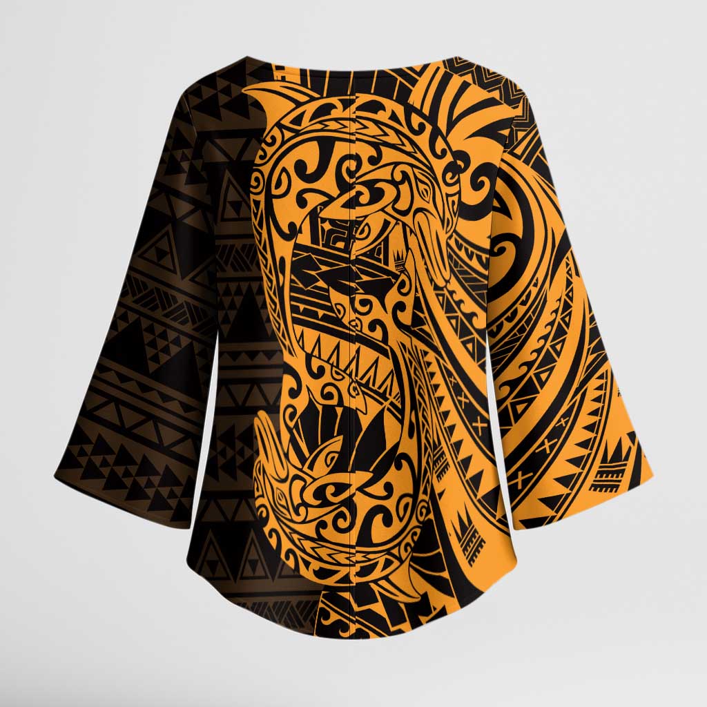 Gold Couple Dolphins Maori Polynesian Style Kimono Sleeve Blouse - Polynesian Pride