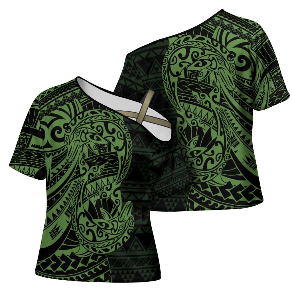 Green Couple Dolphins Maori Polynesian Style Cross Shoulder Shirt - Polynesian Pride