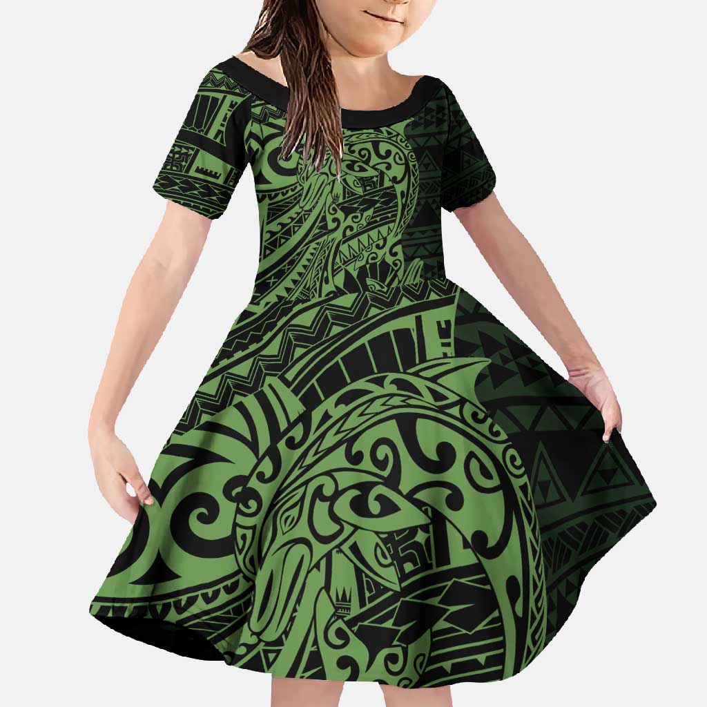 Green Couple Dolphins Maori Polynesian Style Family Matching Long Sleeve Bodycon Dress and Hawaiian Shirt LT9 Daughter's Dress Green - Polynesian Pride