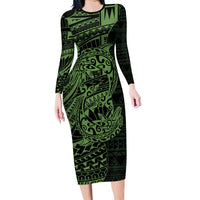 Green Couple Dolphins Maori Polynesian Style Family Matching Long Sleeve Bodycon Dress and Hawaiian Shirt LT9 Mom's Dress Green - Polynesian Pride