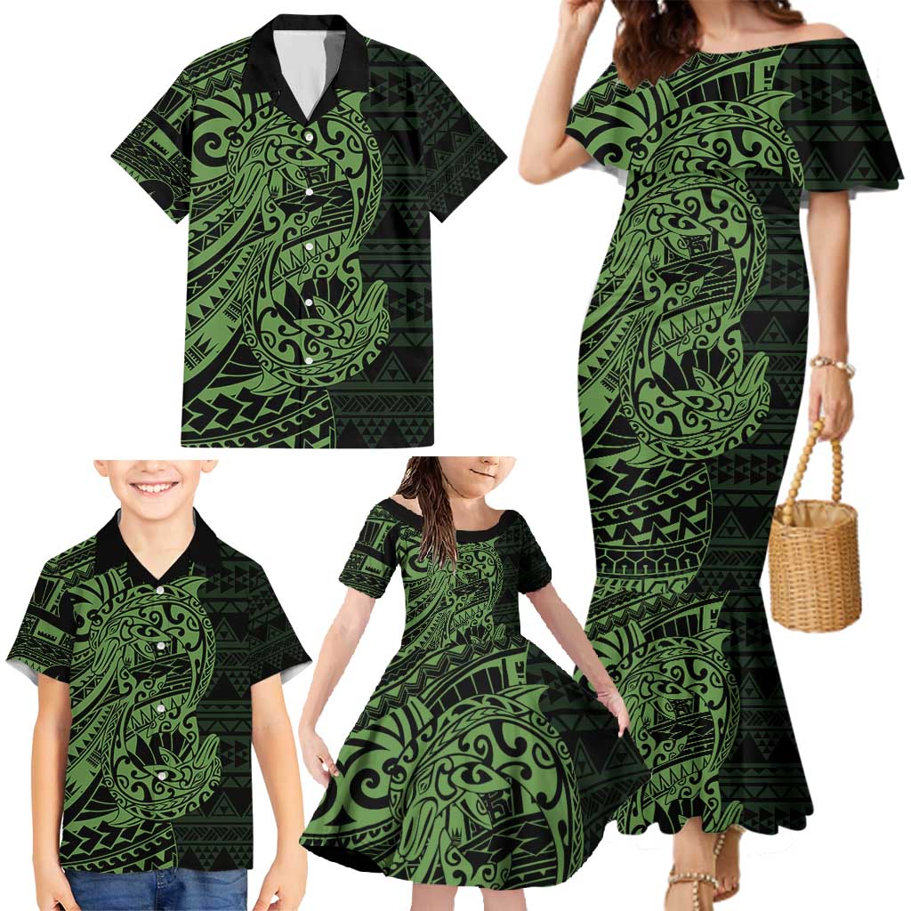 Green Couple Dolphins Maori Polynesian Style Family Matching Mermaid Dress and Hawaiian Shirt LT9 - Polynesian Pride