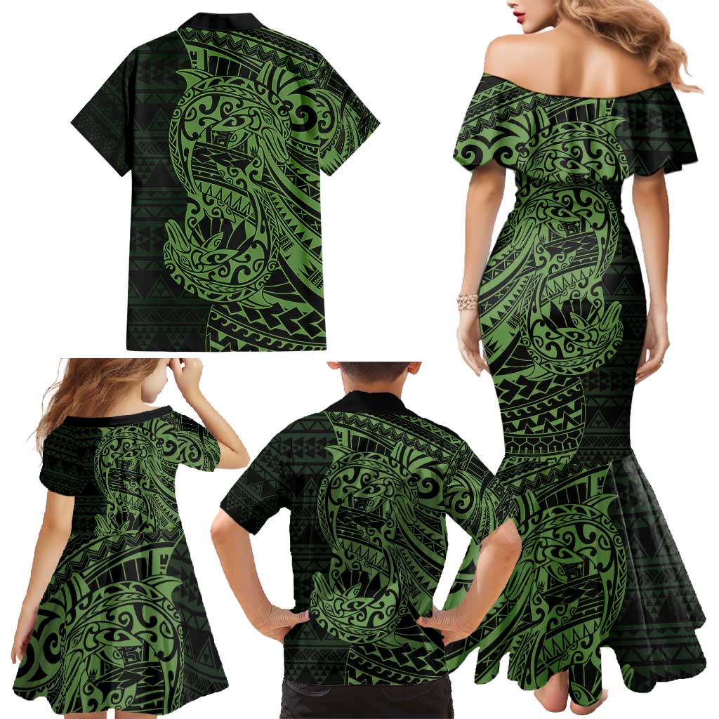 Green Couple Dolphins Maori Polynesian Style Family Matching Mermaid Dress and Hawaiian Shirt LT9 - Polynesian Pride