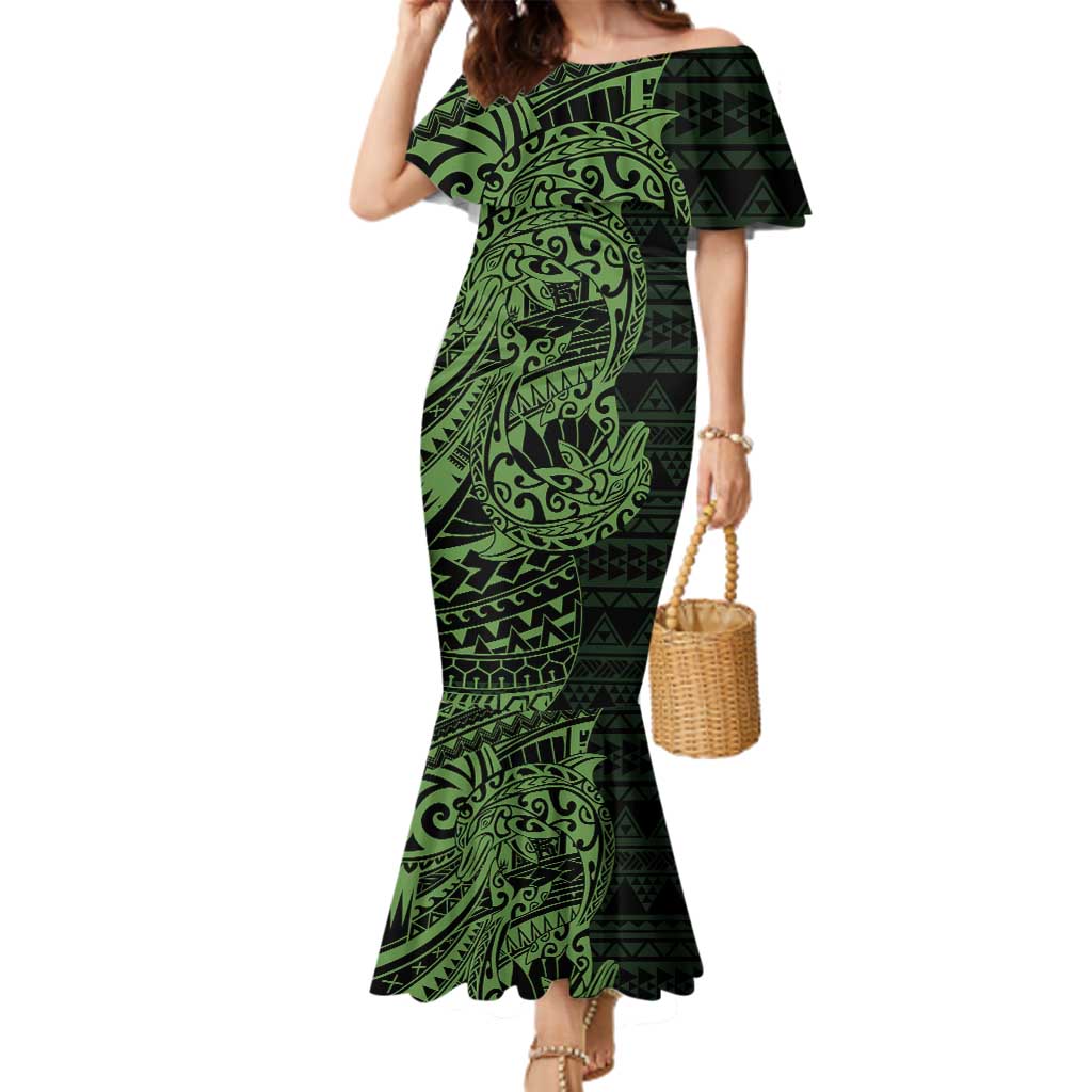 Green Couple Dolphins Maori Polynesian Style Family Matching Mermaid Dress and Hawaiian Shirt LT9 Mom's Dress Green - Polynesian Pride
