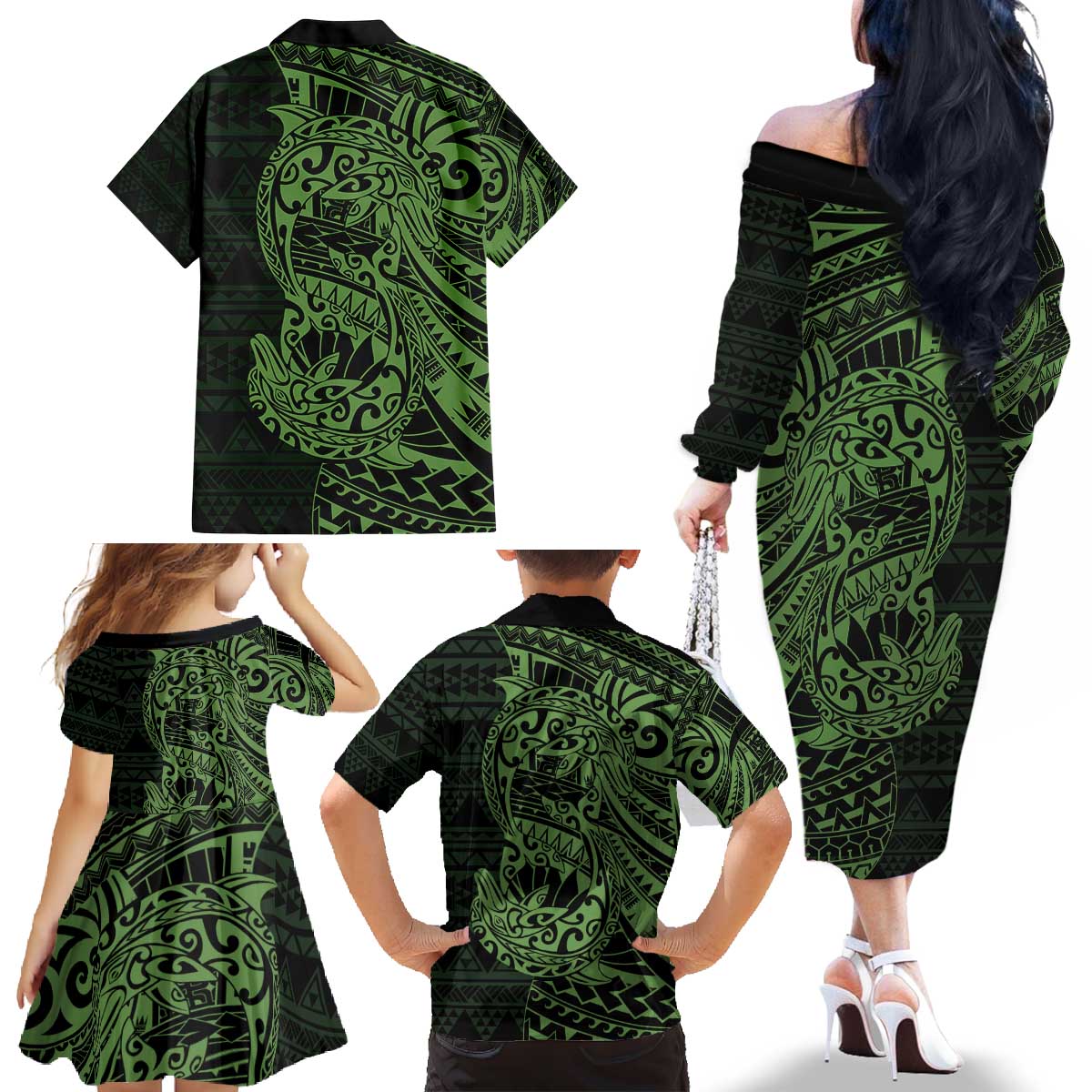 Green Couple Dolphins Maori Polynesian Style Family Matching Off The Shoulder Long Sleeve Dress and Hawaiian Shirt LT9 - Polynesian Pride