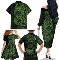 Green Couple Dolphins Maori Polynesian Style Family Matching Off The Shoulder Long Sleeve Dress and Hawaiian Shirt LT9 - Polynesian Pride