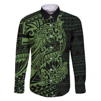 Green Couple Dolphins Maori Polynesian Style Family Matching Off The Shoulder Long Sleeve Dress and Hawaiian Shirt LT9 Dad's Shirt - Long Sleeve Green - Polynesian Pride