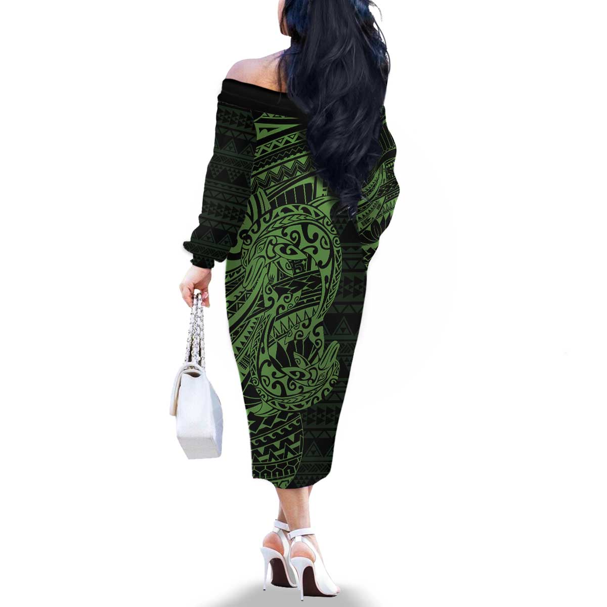 Green Couple Dolphins Maori Polynesian Style Family Matching Off The Shoulder Long Sleeve Dress and Hawaiian Shirt LT9 - Polynesian Pride