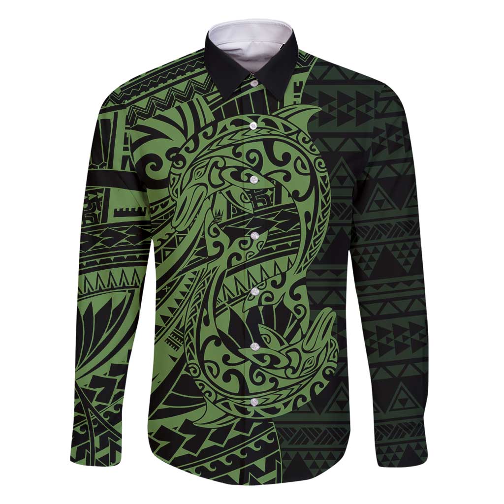 Green Couple Dolphins Maori Polynesian Style Family Matching Off Shoulder Maxi Dress and Hawaiian Shirt LT9 Dad's Shirt - Long Sleeve Green - Polynesian Pride