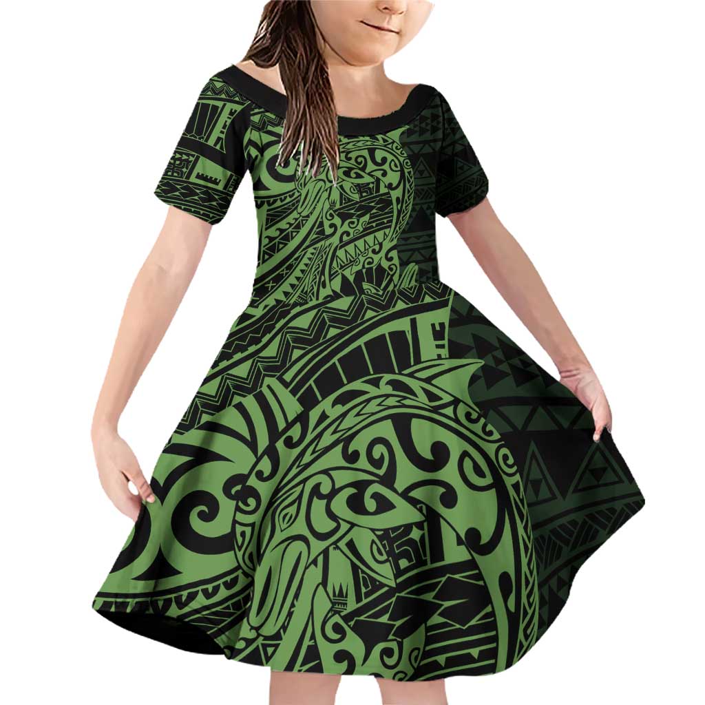 Green Couple Dolphins Maori Polynesian Style Family Matching Off Shoulder Short Dress and Hawaiian Shirt LT9 Daughter's Dress Green - Polynesian Pride
