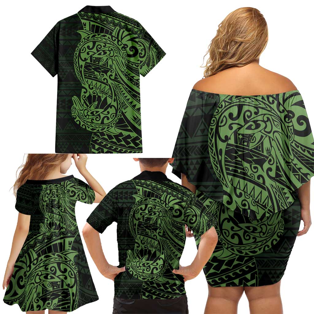 Green Couple Dolphins Maori Polynesian Style Family Matching Off Shoulder Short Dress and Hawaiian Shirt LT9 - Polynesian Pride