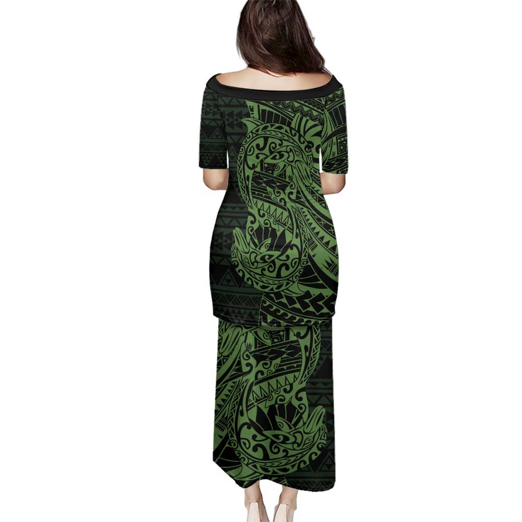 Green Couple Dolphins Maori Polynesian Style Family Matching Puletasi and Hawaiian Shirt LT9 - Polynesian Pride