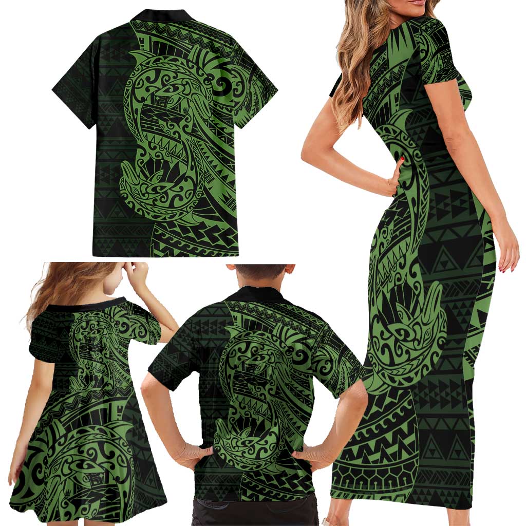 Green Couple Dolphins Maori Polynesian Style Family Matching Short Sleeve Bodycon Dress and Hawaiian Shirt LT9 - Polynesian Pride