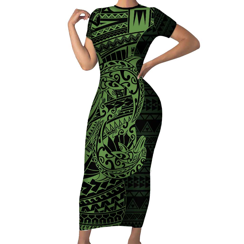 Green Couple Dolphins Maori Polynesian Style Family Matching Short Sleeve Bodycon Dress and Hawaiian Shirt LT9 Mom's Dress Green - Polynesian Pride