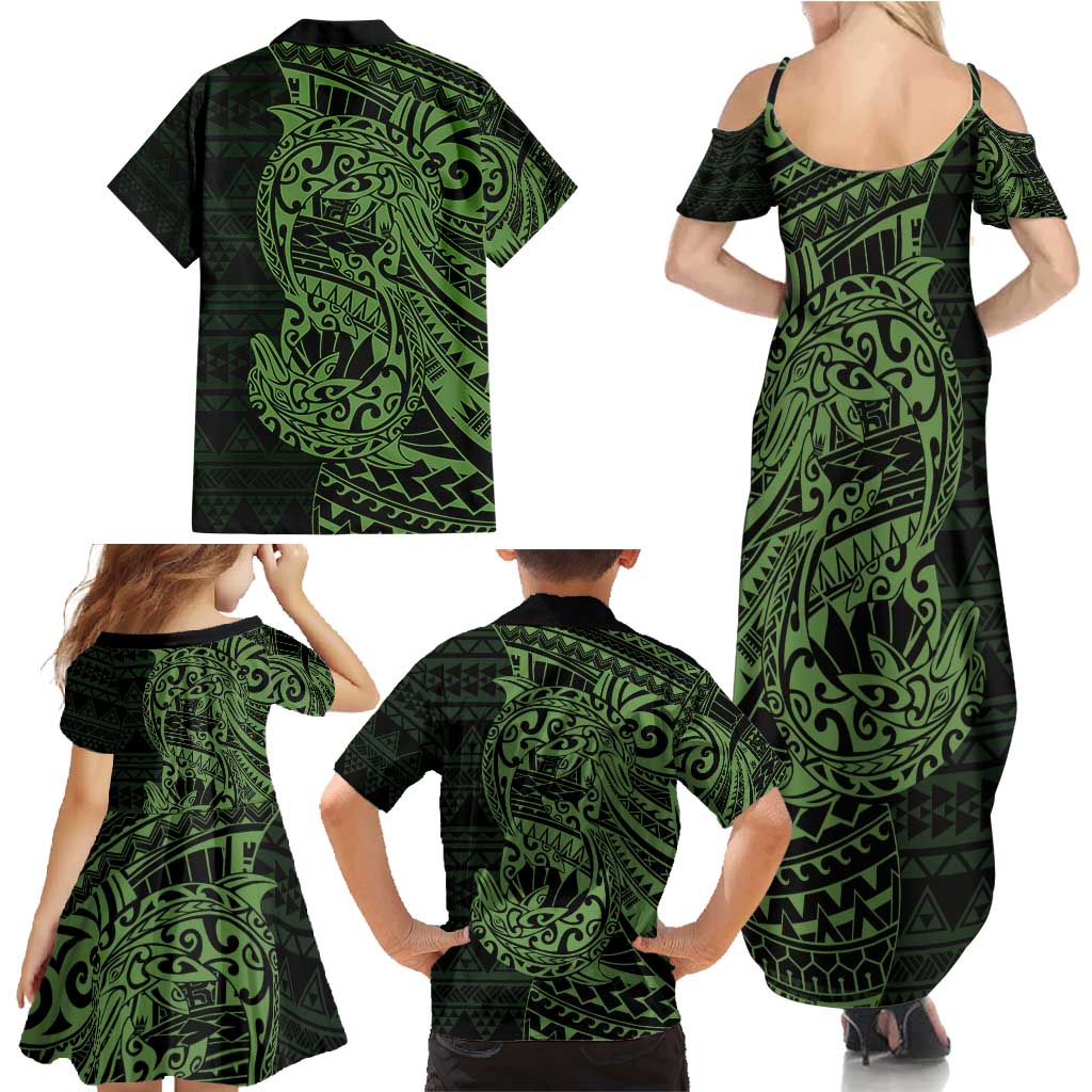 Green Couple Dolphins Maori Polynesian Style Family Matching Summer Maxi Dress and Hawaiian Shirt LT9 - Polynesian Pride