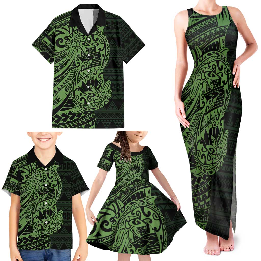 Green Couple Dolphins Maori Polynesian Style Family Matching Tank Maxi Dress and Hawaiian Shirt LT9 - Polynesian Pride