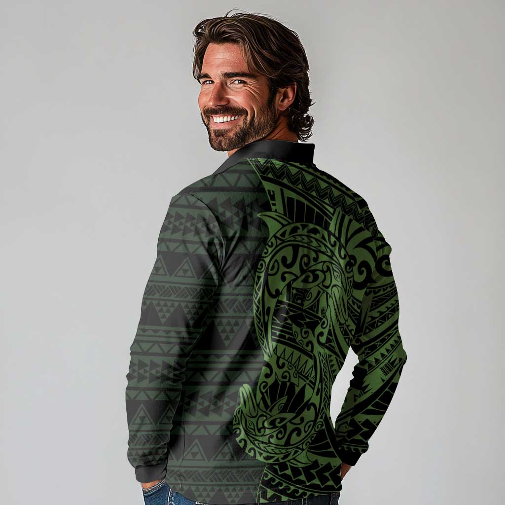 Green Couple Dolphins Maori Polynesian Style Long Sleeve Polo Shirt