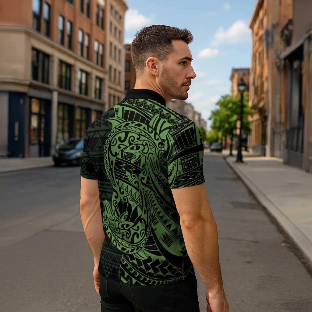 Green Couple Dolphins Maori Polynesian Style Zipper Polo Shirt - Polynesian Pride