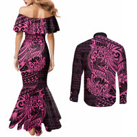 Pink Couple Dolphins Maori Polynesian Style Couples Matching Mermaid Dress and Long Sleeve Button Shirt