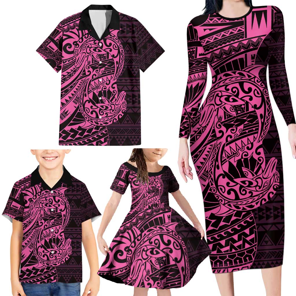Pink Couple Dolphins Maori Polynesian Style Family Matching Long Sleeve Bodycon Dress and Hawaiian Shirt LT9 - Polynesian Pride