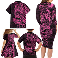Pink Couple Dolphins Maori Polynesian Style Family Matching Long Sleeve Bodycon Dress and Hawaiian Shirt LT9 - Polynesian Pride