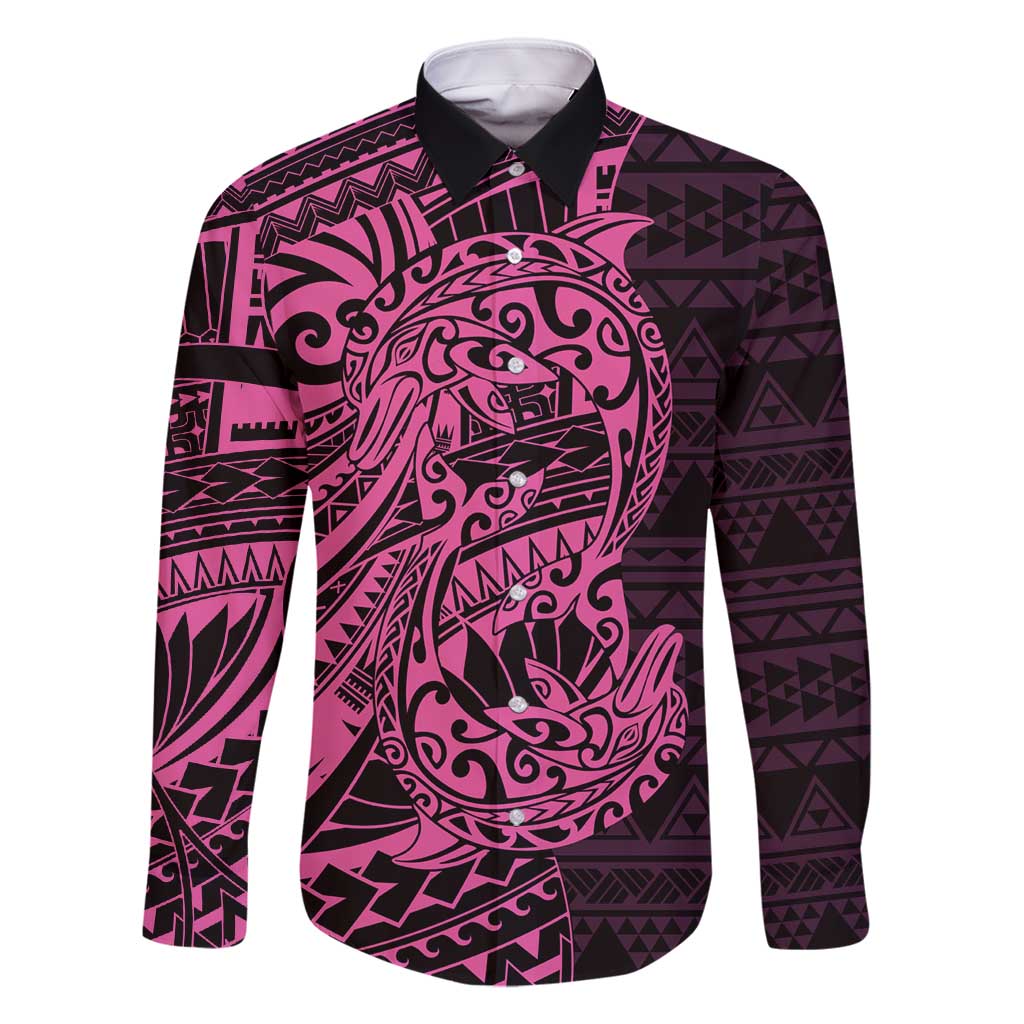 Pink Couple Dolphins Maori Polynesian Style Family Matching Long Sleeve Bodycon Dress and Hawaiian Shirt LT9 Dad's Shirt - Long Sleeve Pink - Polynesian Pride