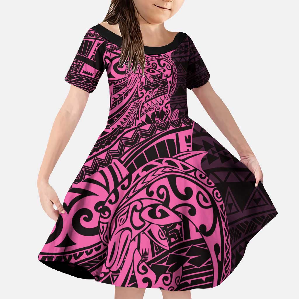 Pink Couple Dolphins Maori Polynesian Style Family Matching Mermaid Dress and Hawaiian Shirt LT9 Daughter's Dress Pink - Polynesian Pride