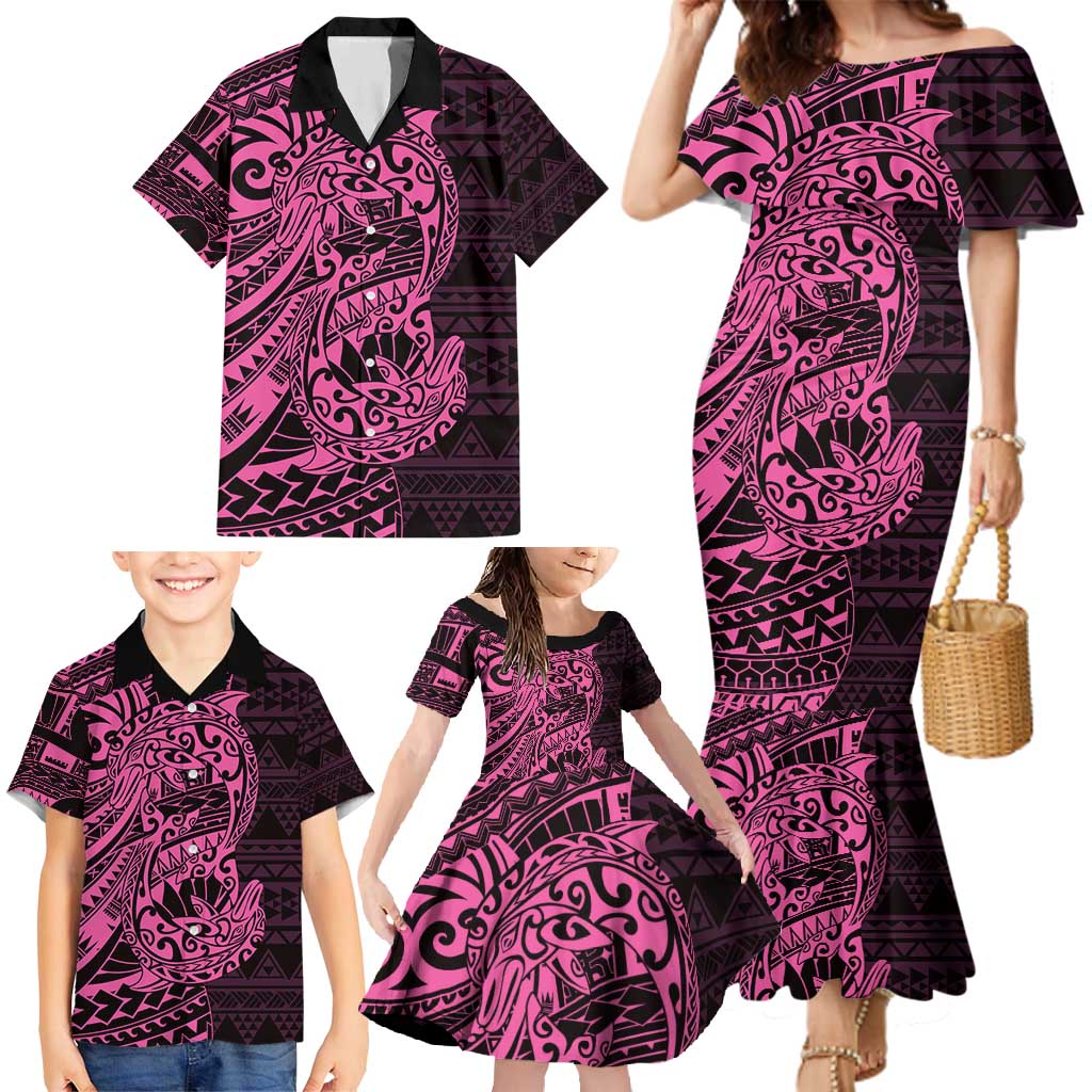 Pink Couple Dolphins Maori Polynesian Style Family Matching Mermaid Dress and Hawaiian Shirt LT9 - Polynesian Pride