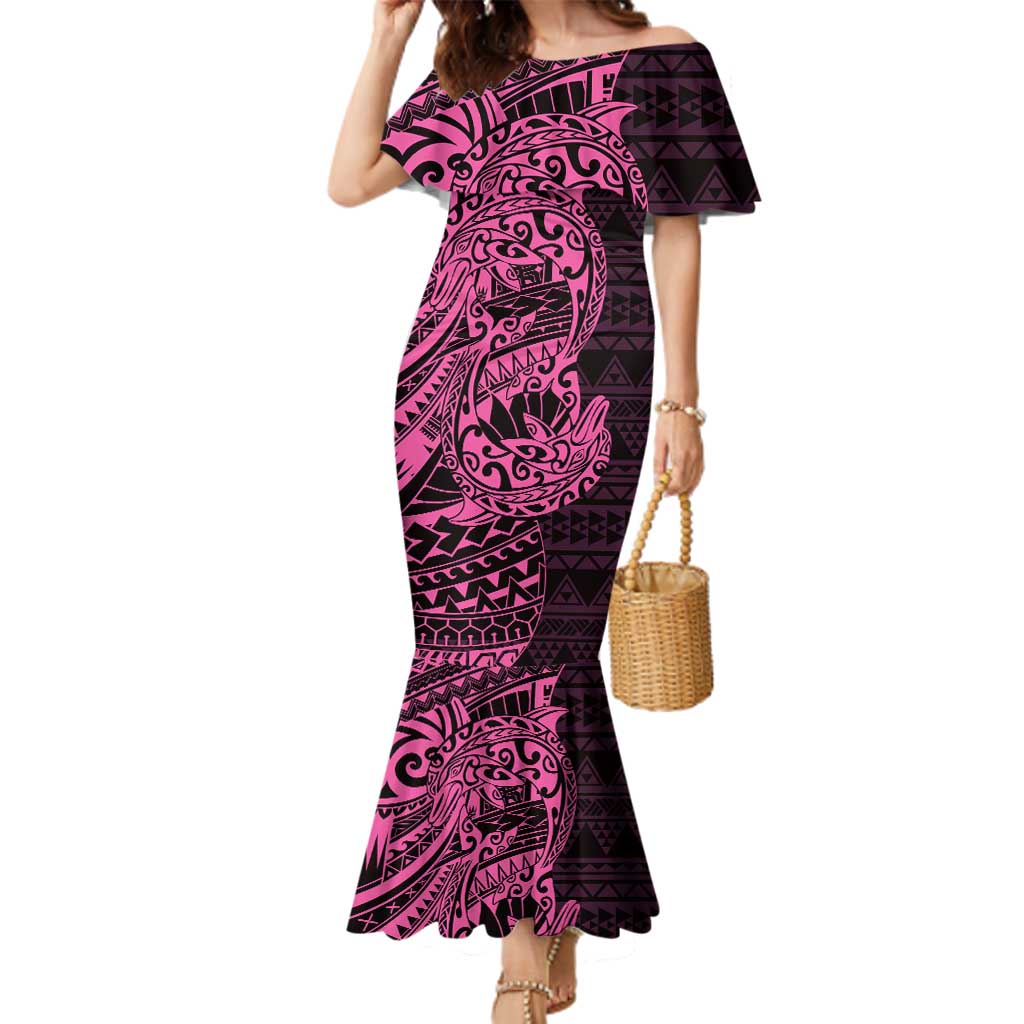 Pink Couple Dolphins Maori Polynesian Style Family Matching Mermaid Dress and Hawaiian Shirt LT9 Mom's Dress Pink - Polynesian Pride